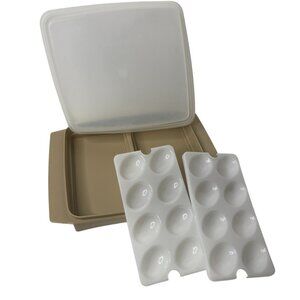 Vintage Tupperware Deviled Egg Keeper Carrier Container Tan #723-3 4Pc USA VGC